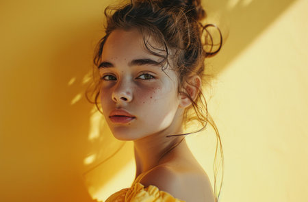 a woman with freckles and a yellow backgroundの素材