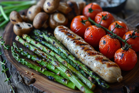 a plate of food on a wooden surfaceの素材
