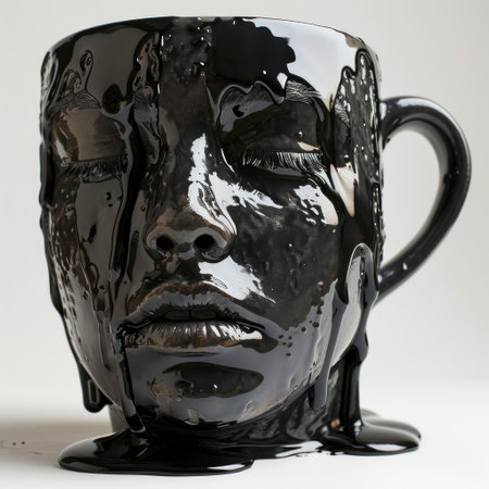 a black coffee cup with a face made of liquidの素材