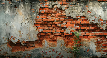 a brick wall with a small plant growing out of itの素材