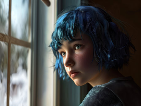 a girl with blue hair looking out a windowの素材