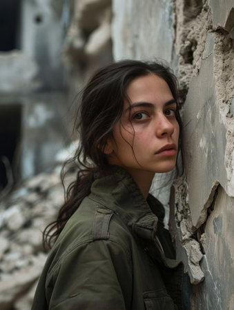 a woman leaning against a wallの素材