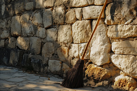 a broom leaning against a stone wallの素材