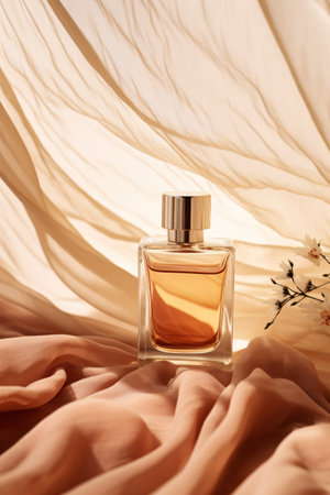 a bottle of perfume on a fabric surfaceの素材