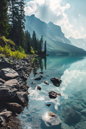 a rocky shore of a lake with trees and mountains in the backgroundの素材