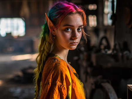 a woman with colorful hair and a long braided hairの素材