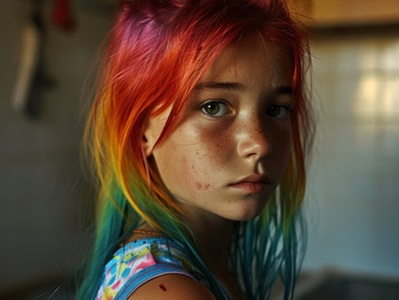 a girl with rainbow colored hairの素材