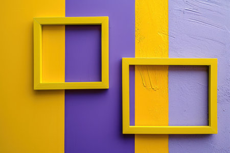 two yellow frames on a purple and yellow wallの素材