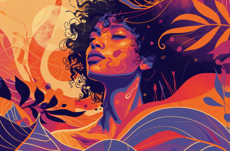 a woman with curly hair and colorful backgroundの素材