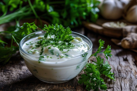 a bowl of white sauce with green leavesの素材