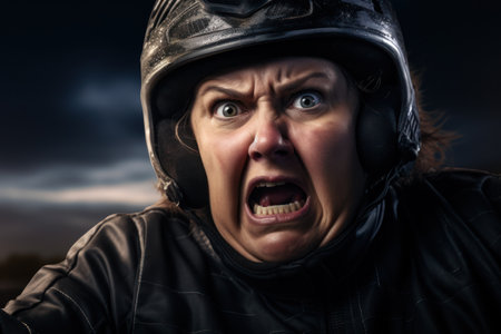 a woman wearing a helmet and screamingの素材