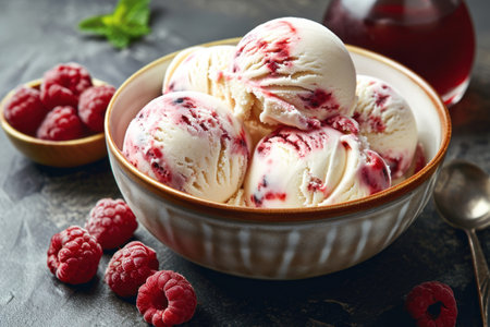a bowl of ice cream with raspberriesの素材
