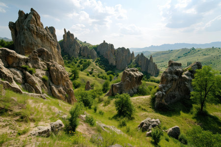 a rocky hills with trees and bushesの素材