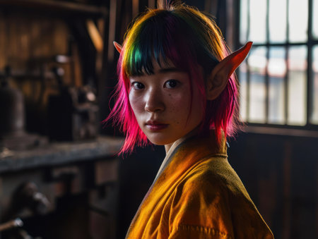 a woman with colorful hair and earsの素材