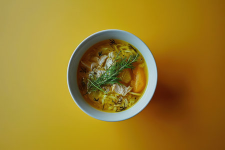 a bowl of soup with noodles and a sprig of rosemaryの素材