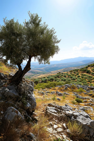 Olive tree on the hillside in Greece. Summer landscape.の素材