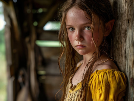 a girl with long hair and a yellow dressの素材