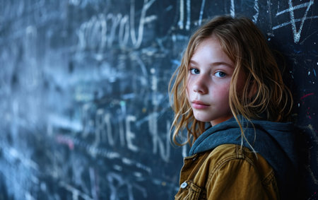 a girl standing in front of a chalkboardの素材