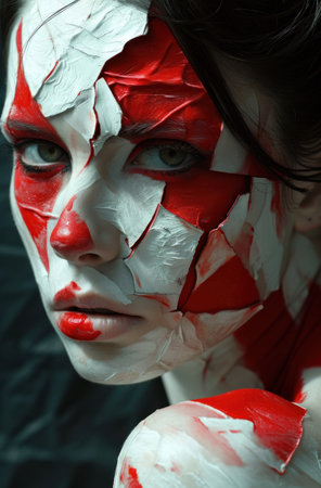a woman with red and white face paintの素材