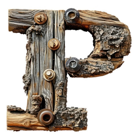 a wooden letter with screws and boltsの素材