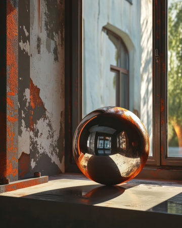 a round metal ball sitting on a window sillの素材