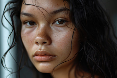 a close up of a woman's faceの素材