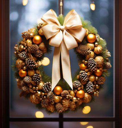 a wreath with pine cones and gold ballsの素材