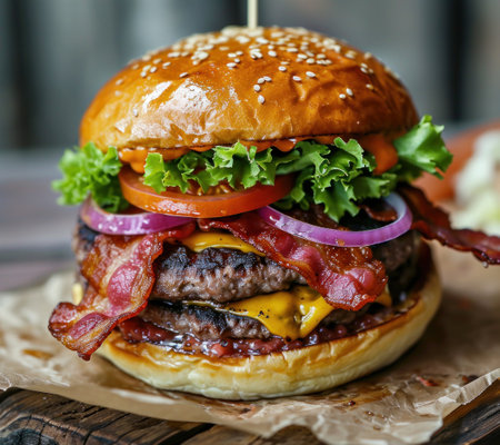 a burger with bacon and lettuceの素材