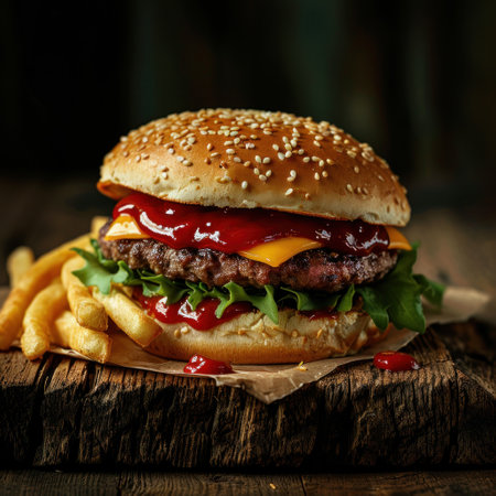 a burger with fries on a wooden surfaceの素材