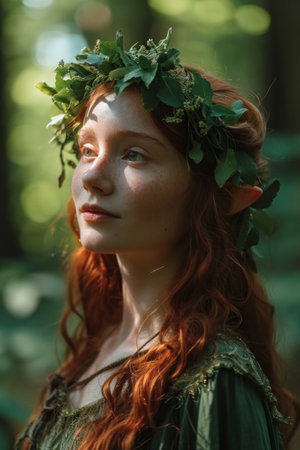 a woman with red hair and a wreath of leaves on her headの素材