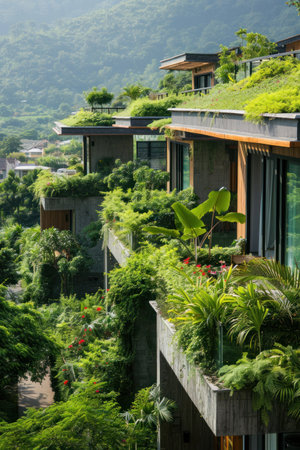 a green plants on the rooftops of a buildingの素材