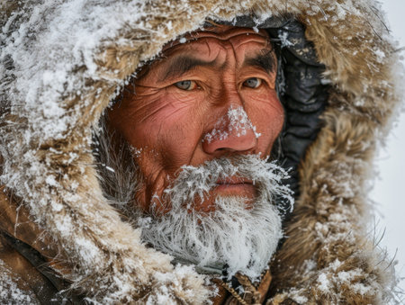 a man with a beard covered in snowの素材