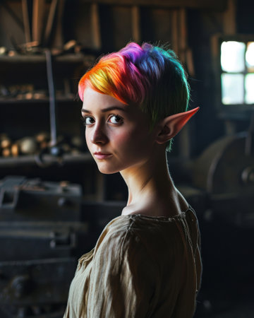 a woman with colorful hair and earsの素材