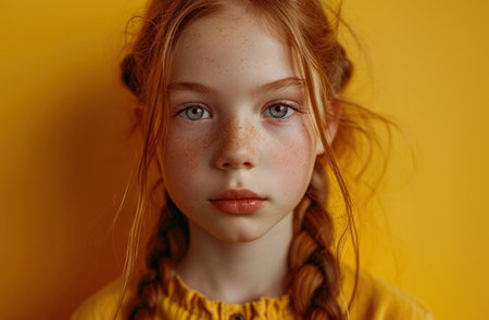 a girl with freckles and braids looking at the cameraの素材
