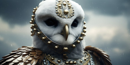 a white owl wearing a gold and silver garmentの素材