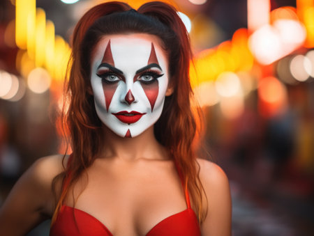 a woman with red hair and white face paintの素材