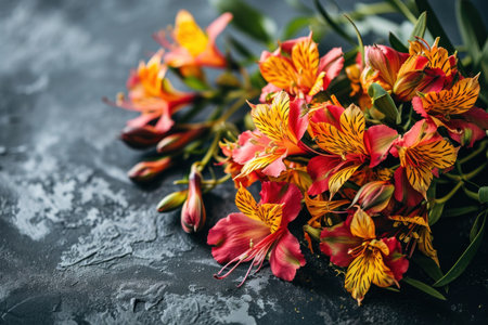 a bouquet of flowers on a black surfaceの素材