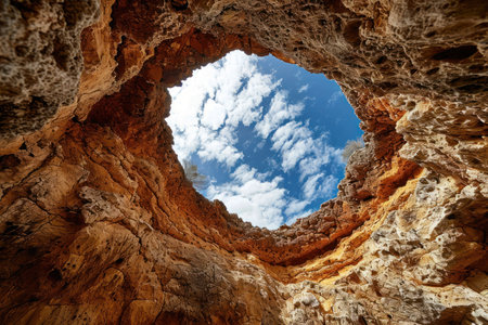looking up at a hole in a rockの素材