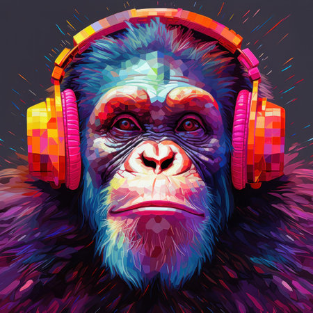 a colorful monkey wearing headphonesの素材