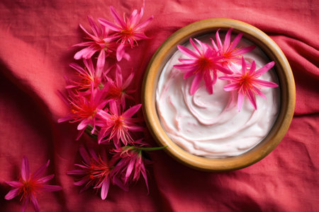 a bowl of yogurt with pink flowersの素材