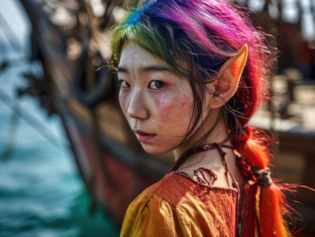 a woman with colorful hair and elf earsの素材