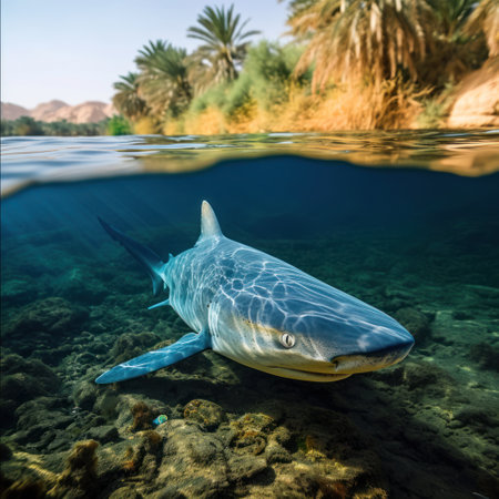 a shark swimming in the waterの素材