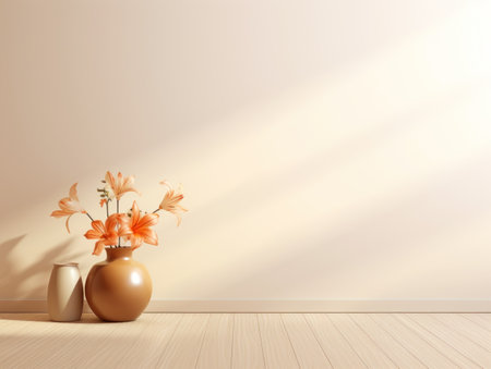 a vase with orange flowers on a wooden floorの素材