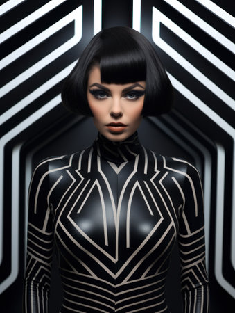 Fashion portrait of beautiful young woman in black and white futuristic costumeの素材