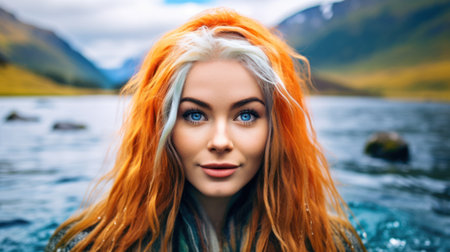 a woman with orange and white hairの素材