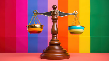 a wooden balance with two colorful bowls on itの素材