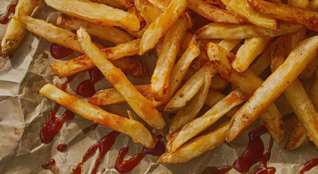 a pile of french fries with ketchupの素材