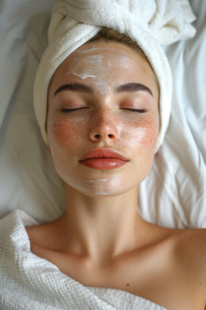 a woman lying down with a white towel on her head and a white towel on her headの素材
