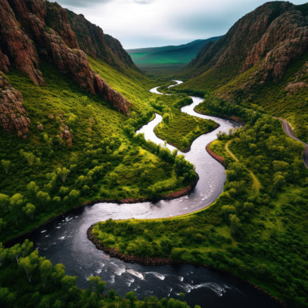 a winding river between mountainsの素材