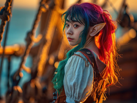 a woman with colorful hair and earsの素材